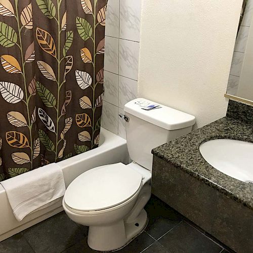 A bathroom with a toilet, sink, and granite countertop. There is a bathtub with a leaf-patterned shower curtain and a folded towel.